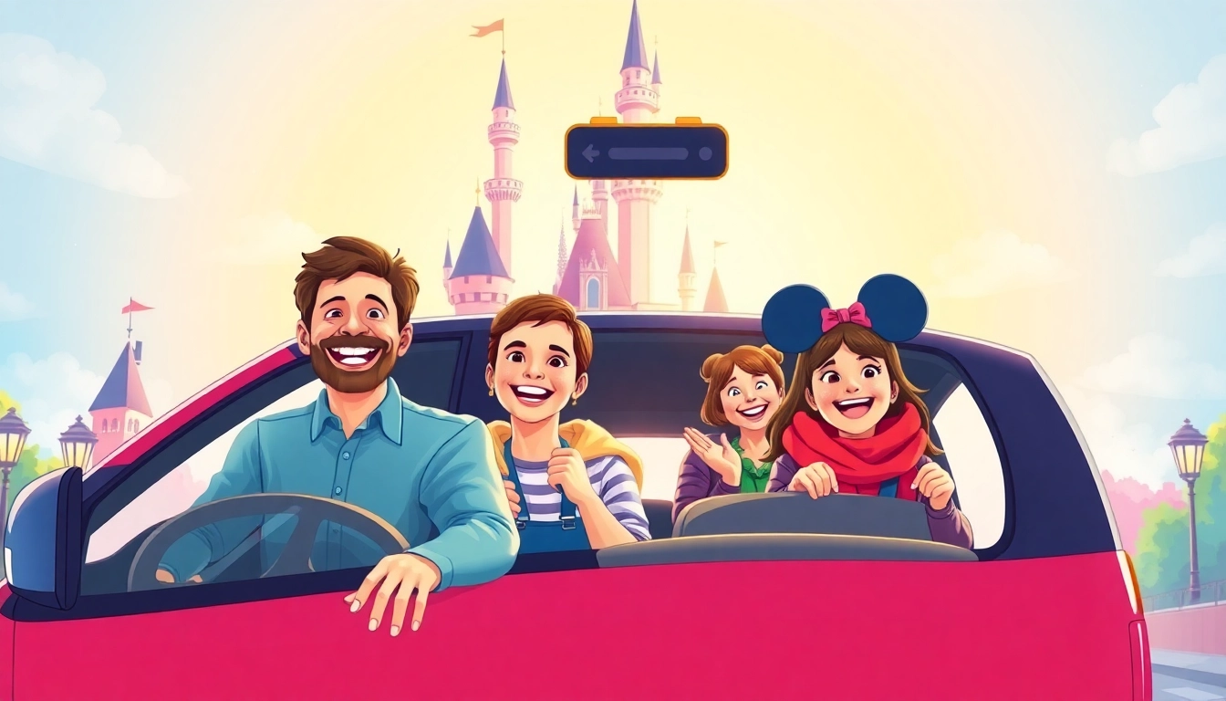 Booking Disneyland Paris airport transfer services with a joyful family at the enchanting Disney castle backdrop.
