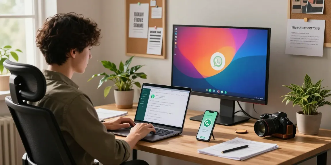 Engaging home office with WhatsApp電腦版 being used on a laptop, showcasing productivity and modern tech.