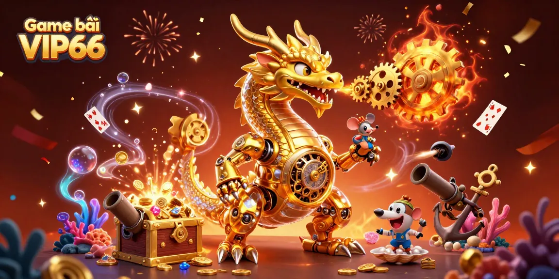 Engage with Game bài VIP66, a vibrant 3D scene featuring a golden dragon and thrilling underwater treasures.