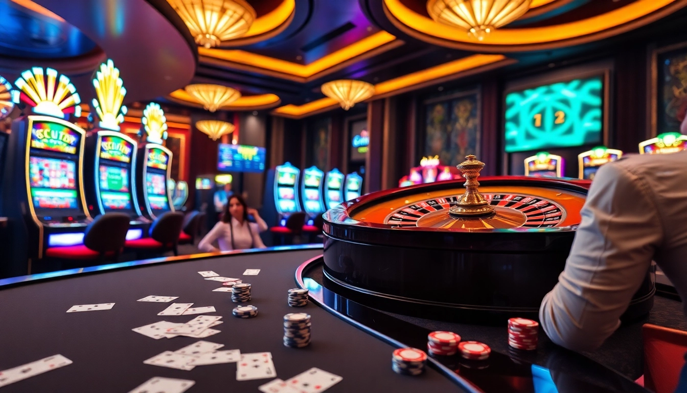 Engaging scene of scatter hitam in a luxury casino with vibrant games and poker action.