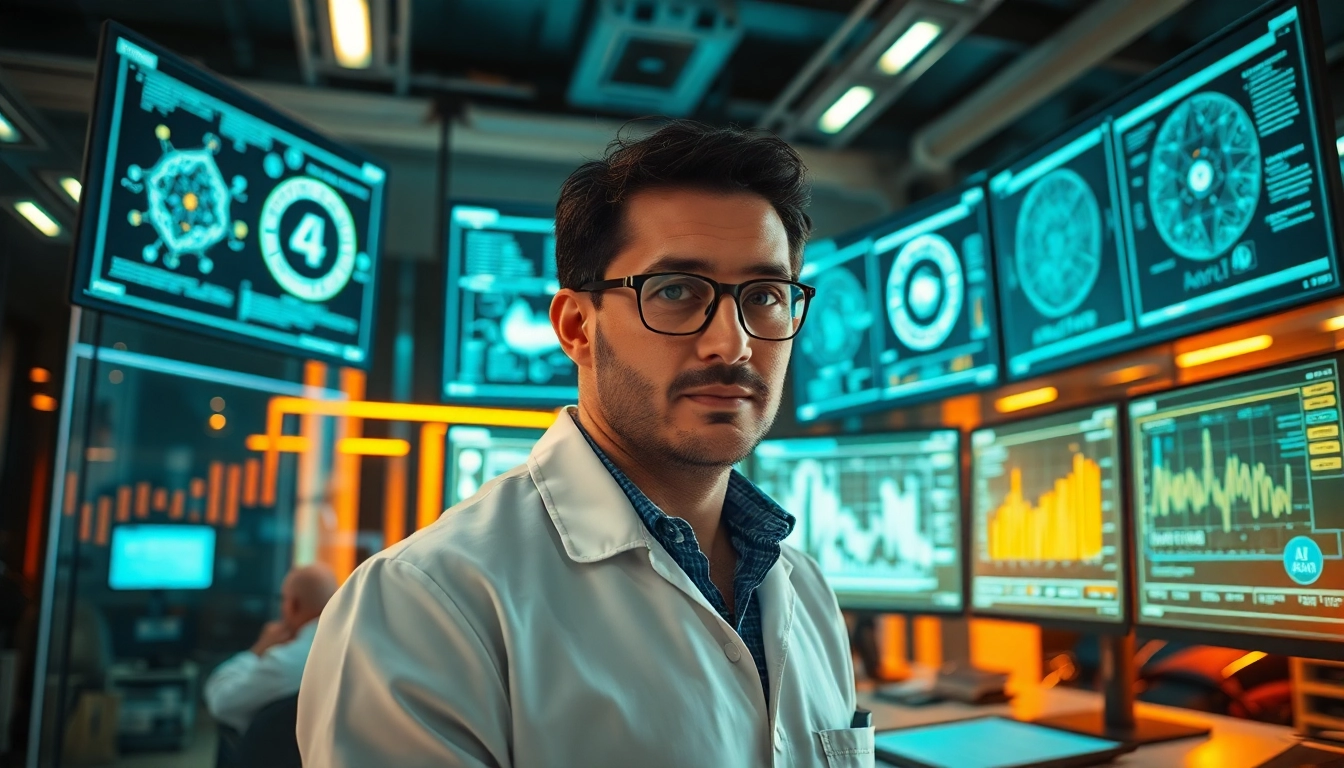 Showcase of AI Software interface in a futuristic lab environment with advanced technology.