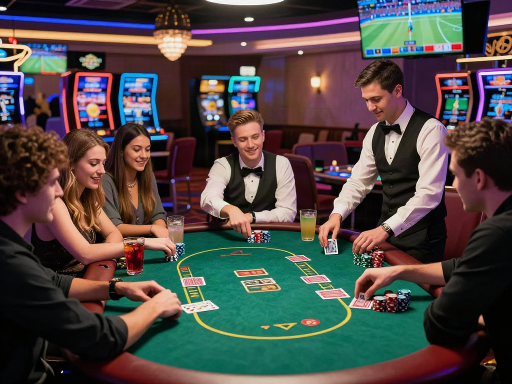 Friends enjoying bro138 link alternatif poker game in vibrant casino setting with neon lights and excitement.