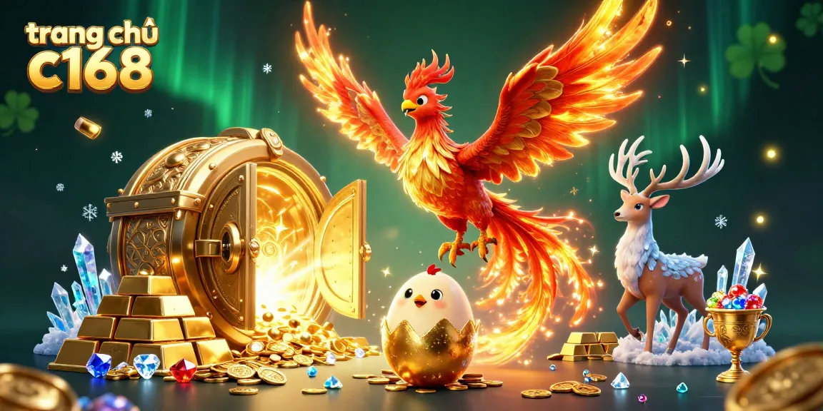 Experience the excitement of gaming with the vibrant illustration of trang chủ c168 showcasing a phoenix and stag among treasures.