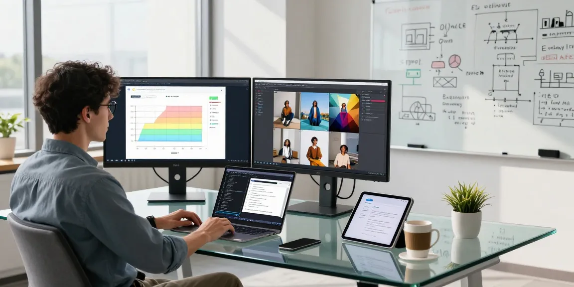 AI image checker in use, displaying detection results on dual monitors in a modern tech workspace.