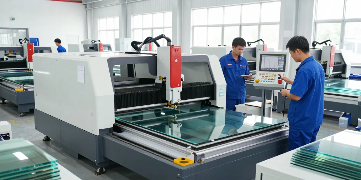 CNC cutting machine glass in a modern processing facility with technicians inspecting equipment.