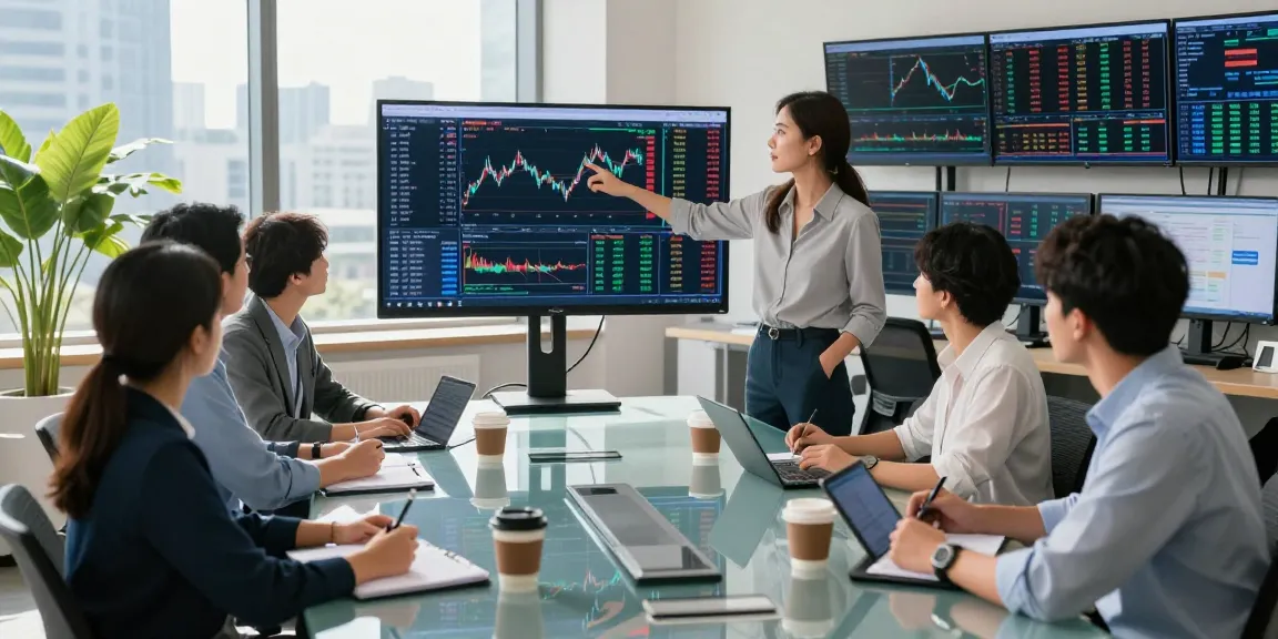 Team analyzing real time market data in a modern financial office setting.