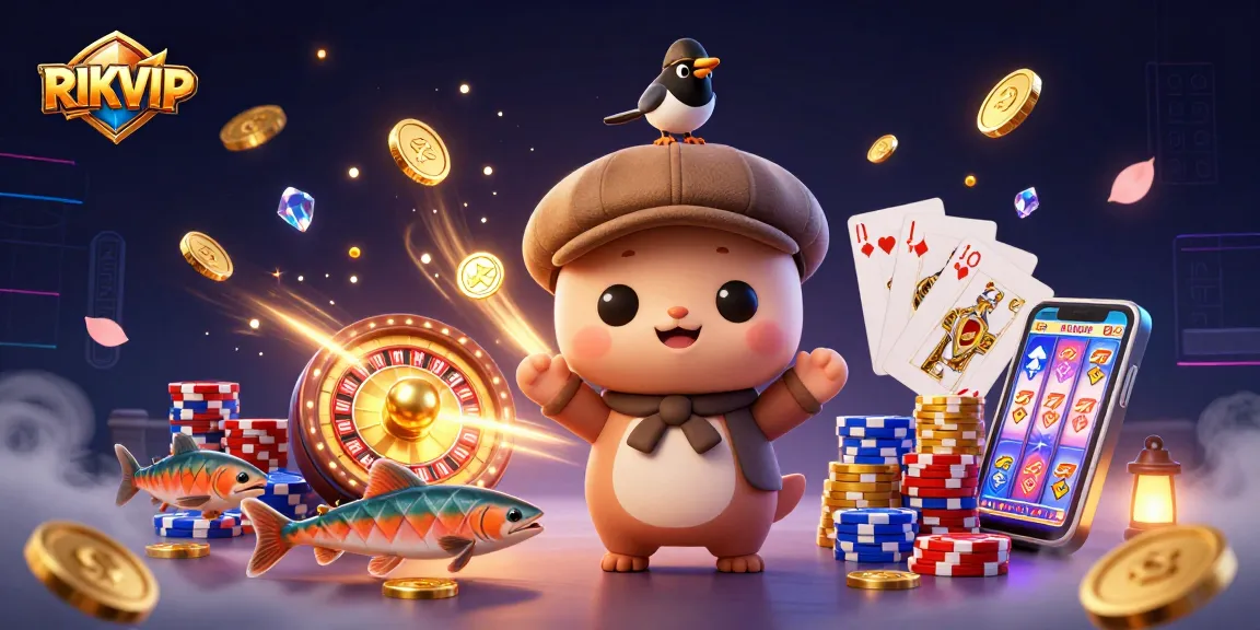Experience the thrill of RIKVIP with vibrant gaming elements and playful characters in an engaging casino scene.