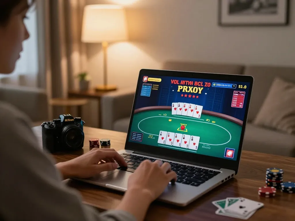 Engaged player on laptop at home enjoying VT88 online poker game.