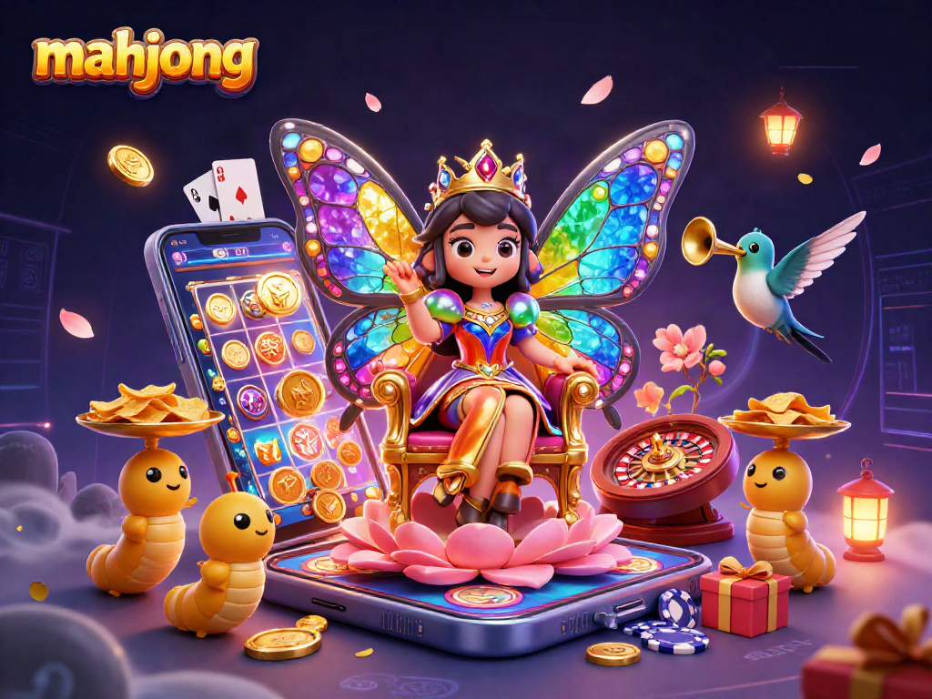Play mahjong with a whimsical butterfly queen surrounded by vibrant casino elements.