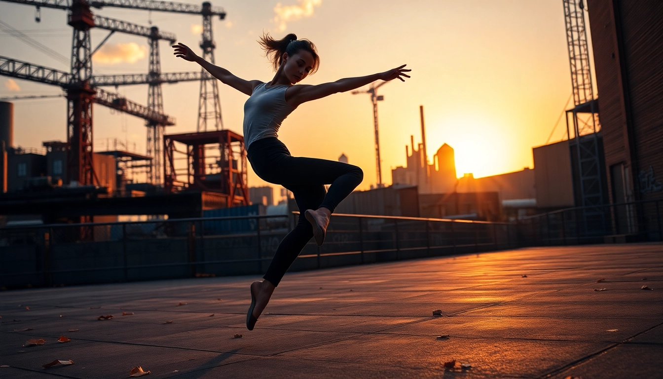 Dancer in dynamic motion emphasizing seedance amidst an urban backdrop.