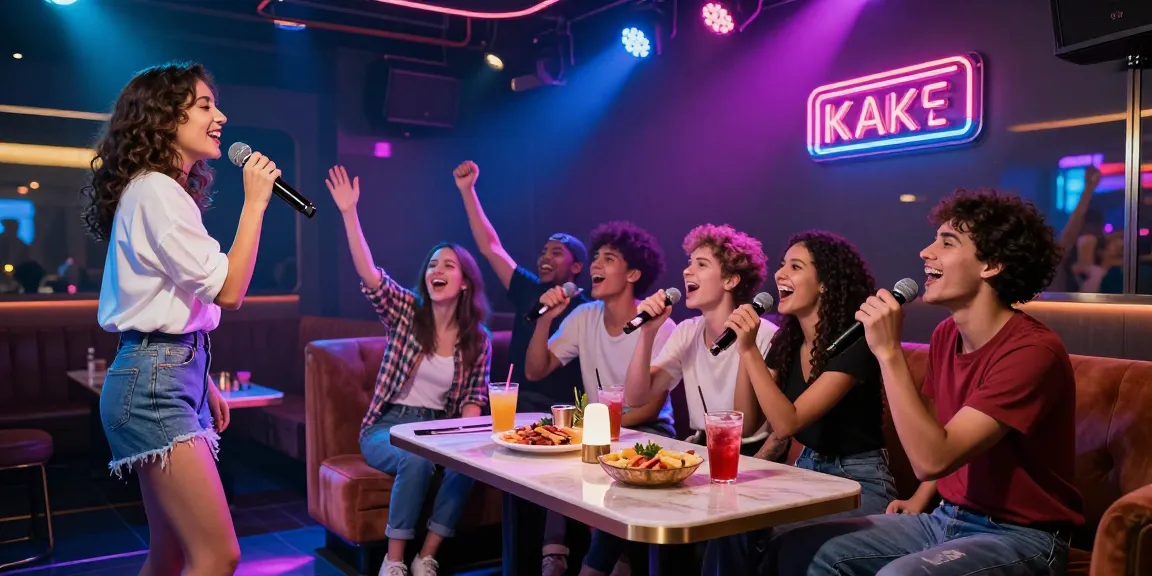 Exciting karaoke night at https://www.magic4karaoke.com/ with friends singing joyfully in a vibrant lounge.