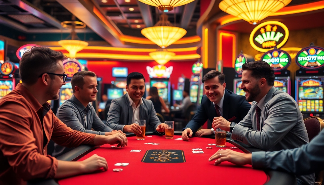 Engaged players at 8win casino table enjoying a vibrant poker game surrounded by excitement.