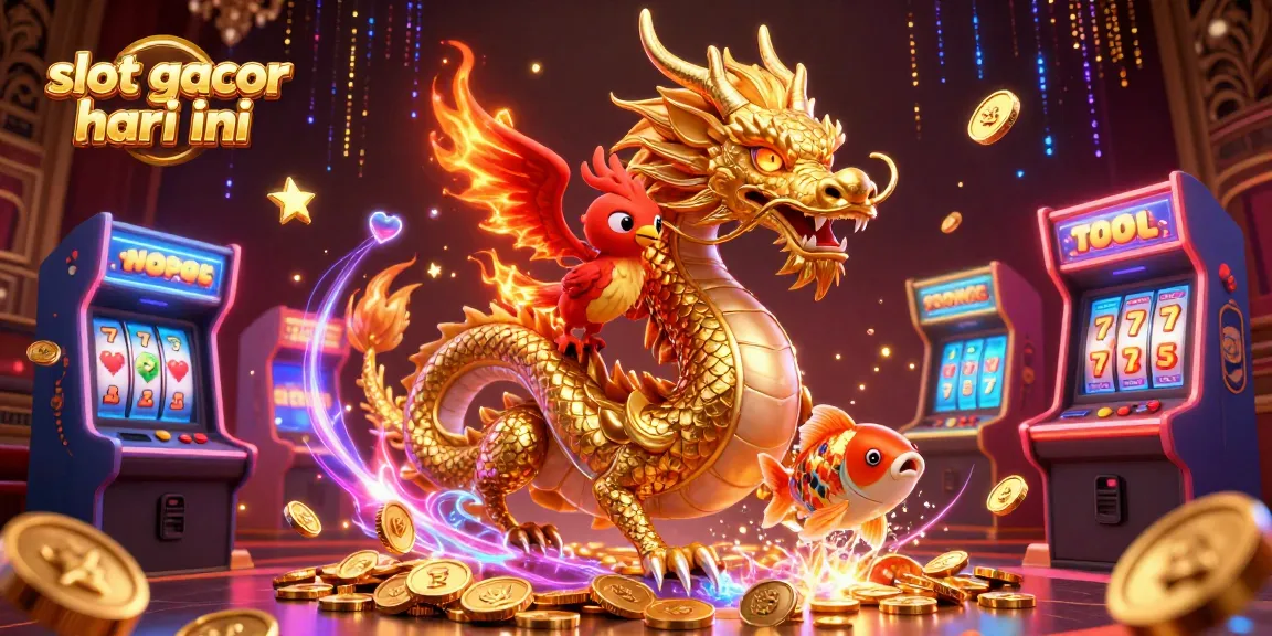 Experience slot gacor hari ini with a dynamic scene featuring a golden dragon, phoenix, and koi fish amidst vibrant game elements.