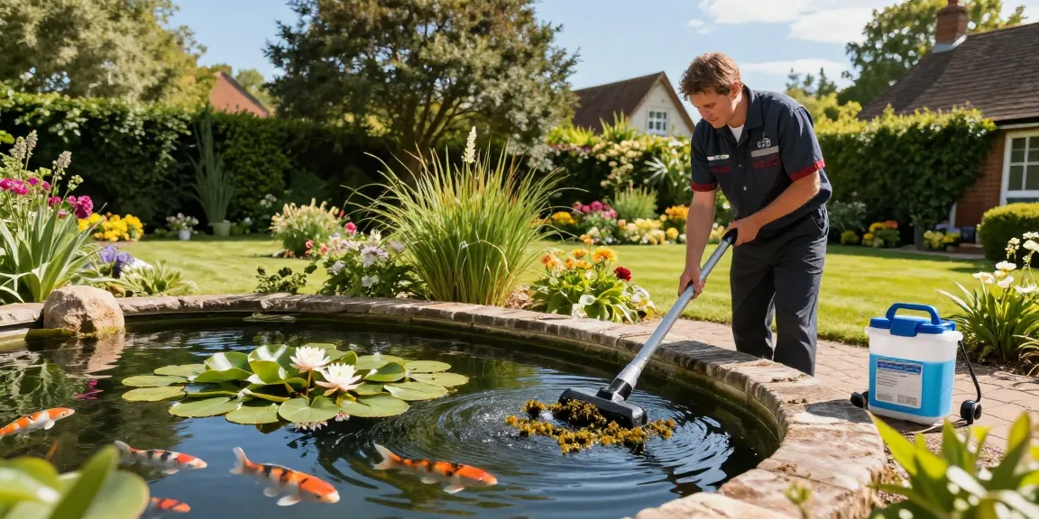 Pond Cleaning Essex service in action, professional technician removing algae and debris from a vibrant garden pond, showcasing tranquil outdoor beauty.