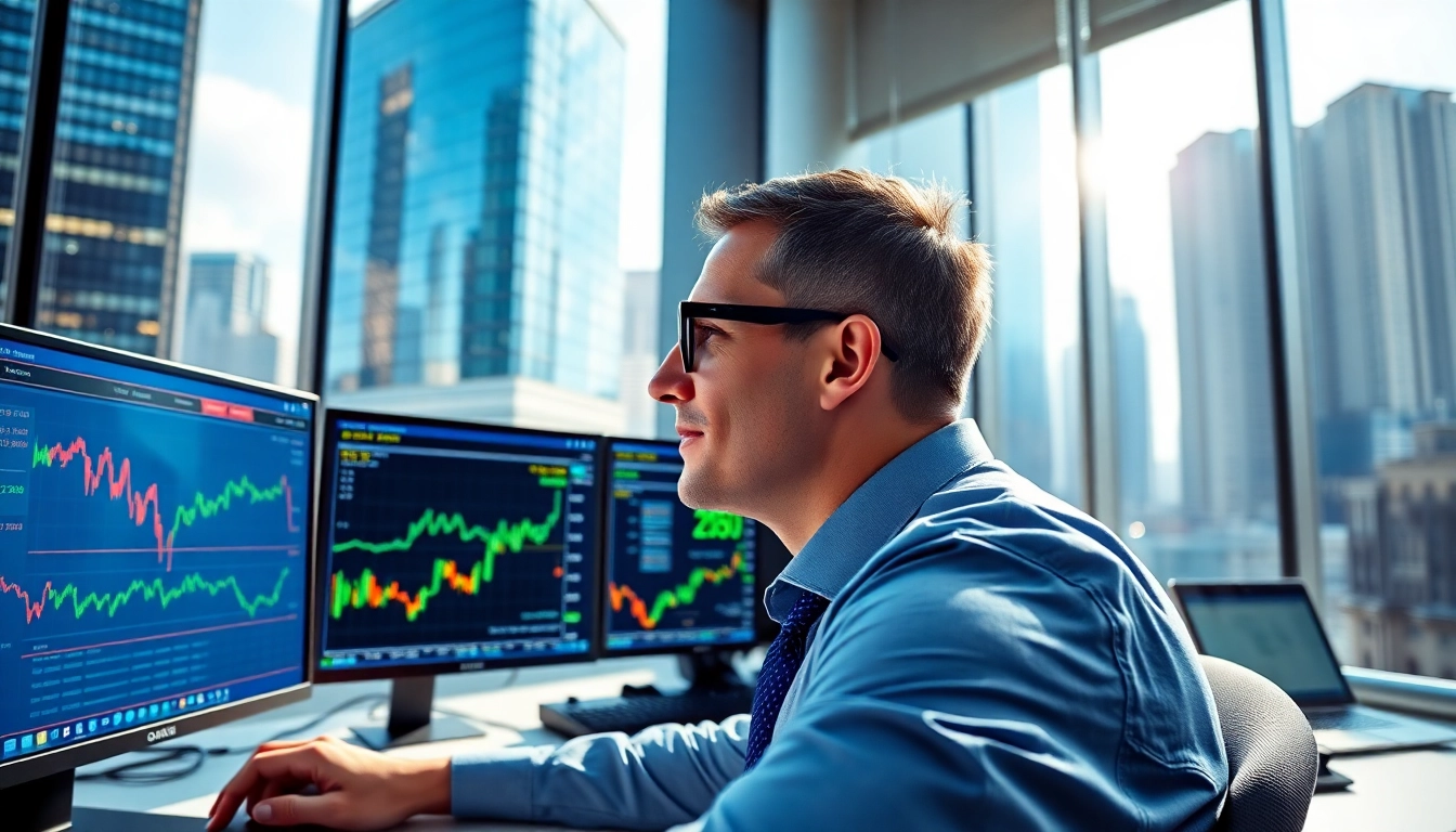 Start stock trading Saudi Arabia with a professional trader analyzing financial data in a bustling office.