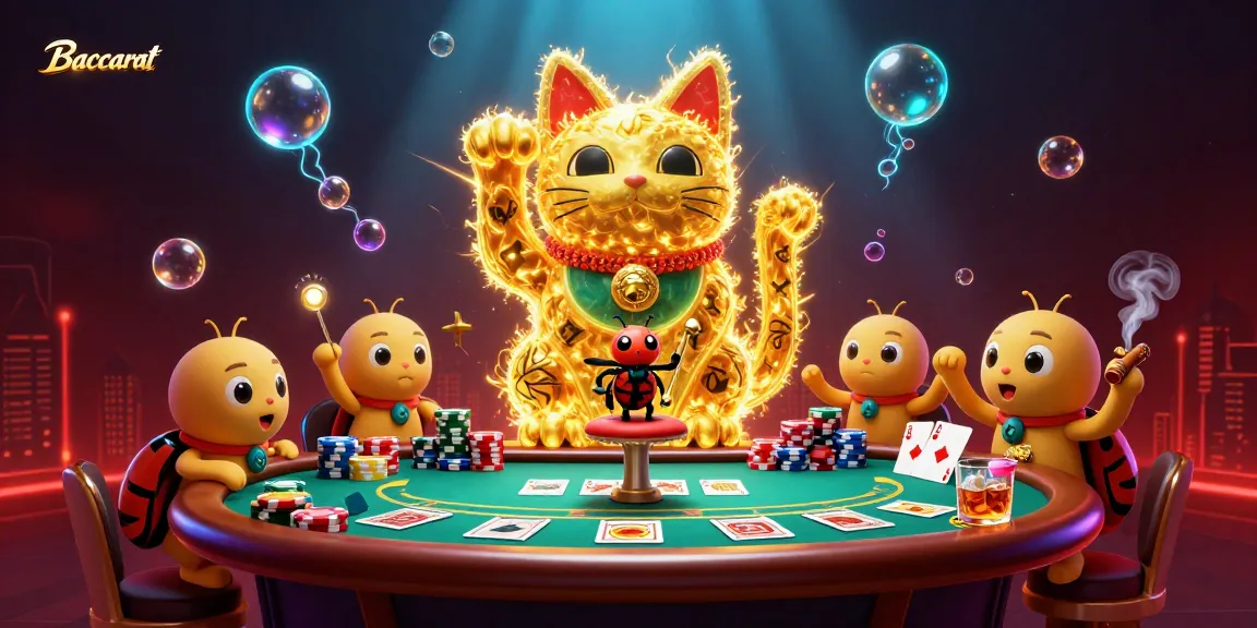 Baccarat game scene with a lucky cat, poker elements, and a conductor beetle in a radiant casino atmosphere.