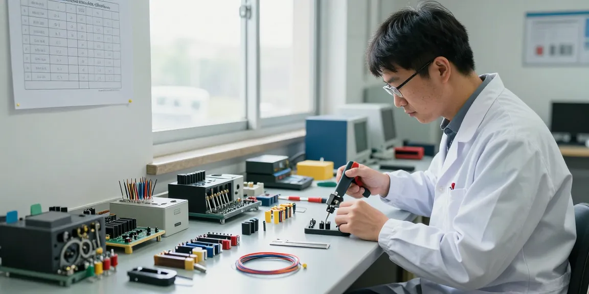 Engineer analyzing crimp connectors in a bright industrial workspace with tools and electronic components.