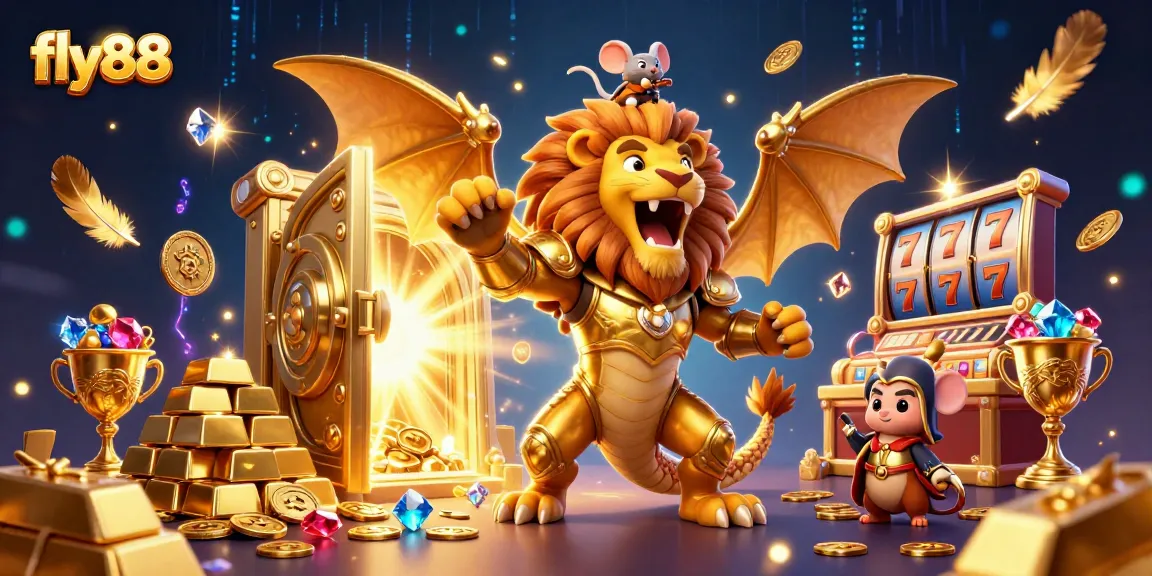 Engage in epic gaming adventures at fly88, featuring a chimera creature amidst dazzling riches.