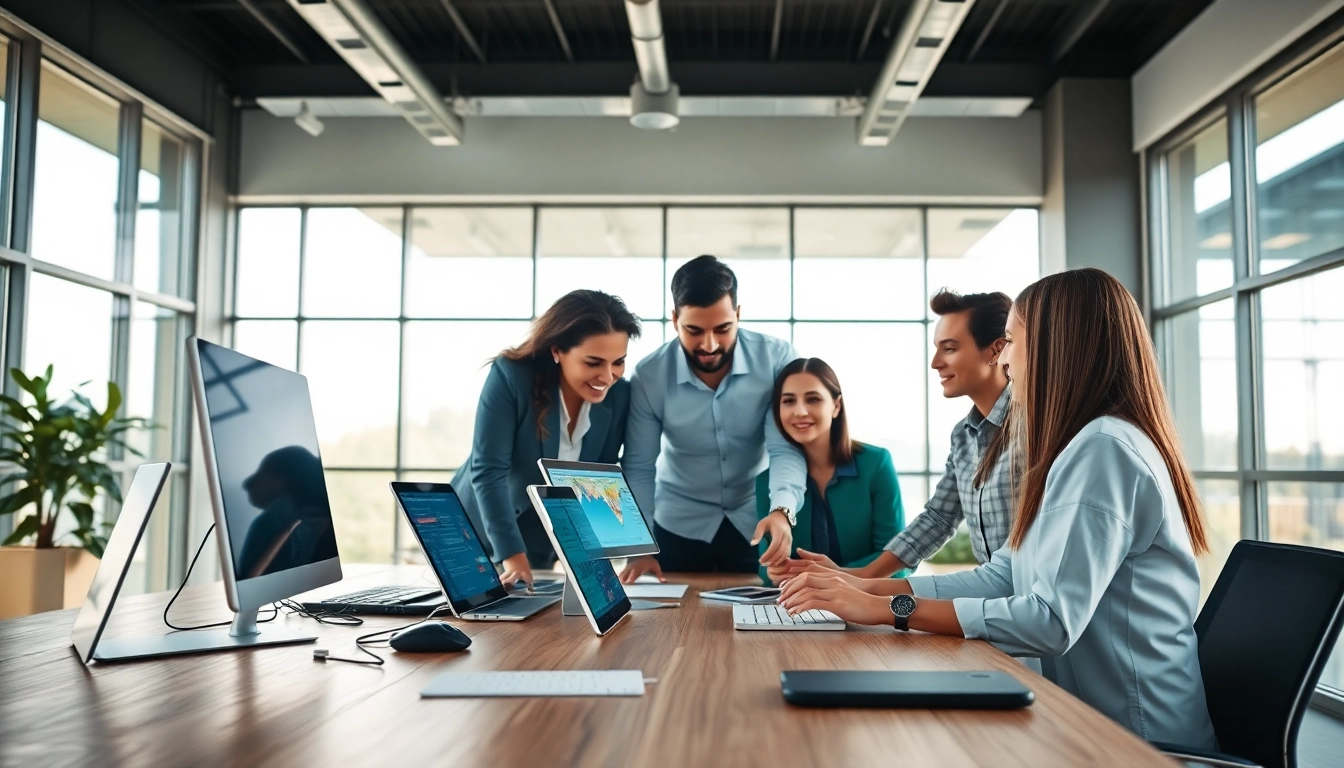 Illustration of a team using enterprise assistant software to enhance productivity and collaboration.