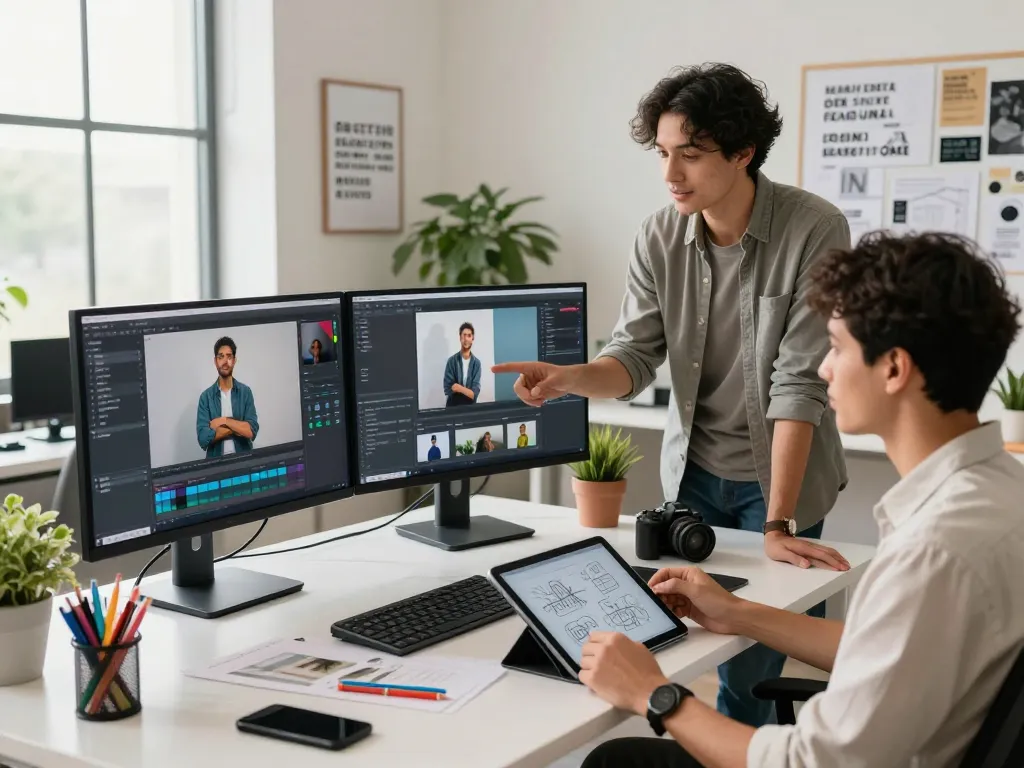 Creative professionals collaborating on advanced AI image editing with Nano Banana Pro in a modern workspace.