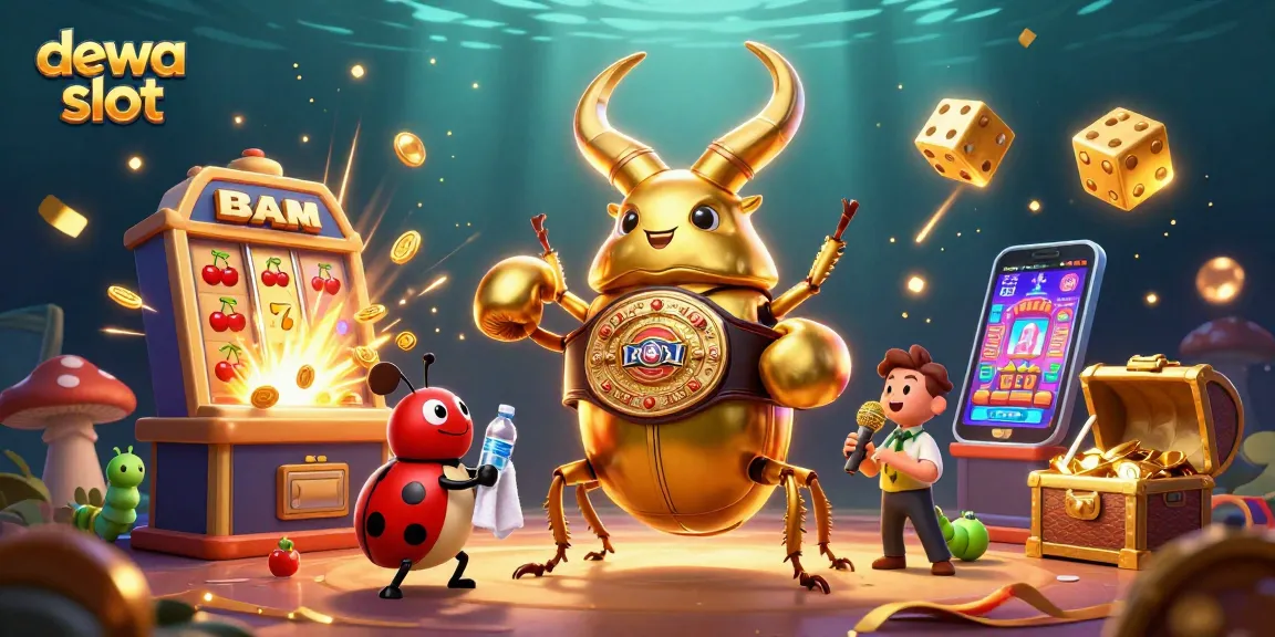 Dewa slot menawarkan pengalaman bermain yang menarik dengan simbol slot dan jackpot mengelilingi karakter 3D yang menonjol.