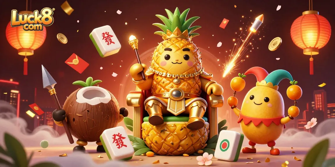 Experience the vibrant thrill of Luck8 com with the golden pineapple king and his royal entourage in a dynamic casino setting.
