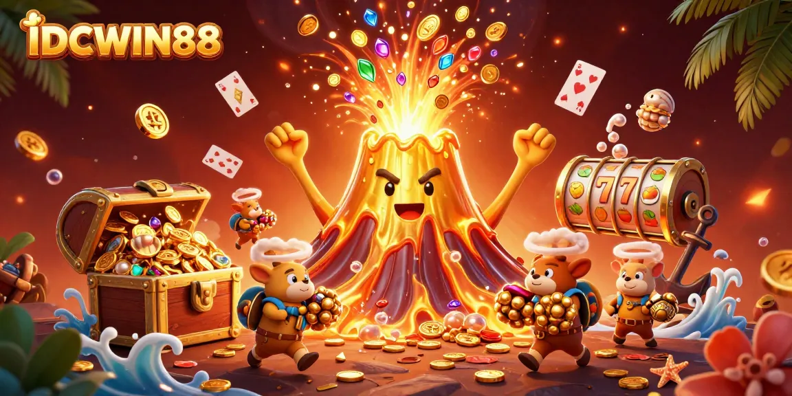 Play thrilling slot games at IDCWIN88, featuring vibrant graphics and jackpots amidst a treasure-filled scene.