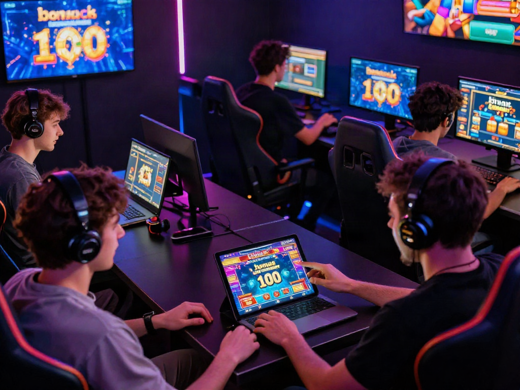 Excited players exploring online gaming options with bonus new member 100 offers in a vibrant digital casino.