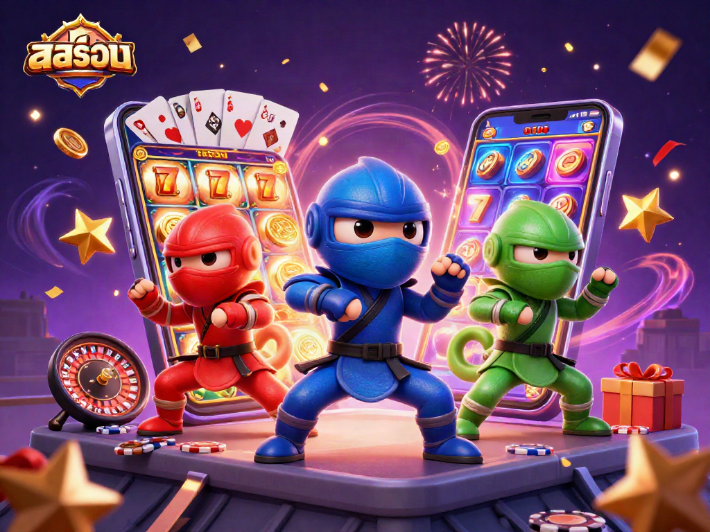 Experience the excitement of สล็อตออนไลน์ with a vibrant illustration featuring 3D chameleon ninjas in a dynamic casino setting.