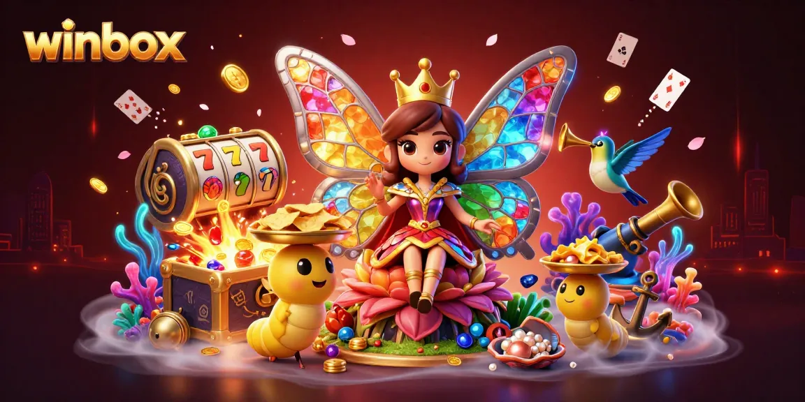 Winbox offers thrilling slot games featuring colorful characters, animated coins, and vibrant casino elements.
