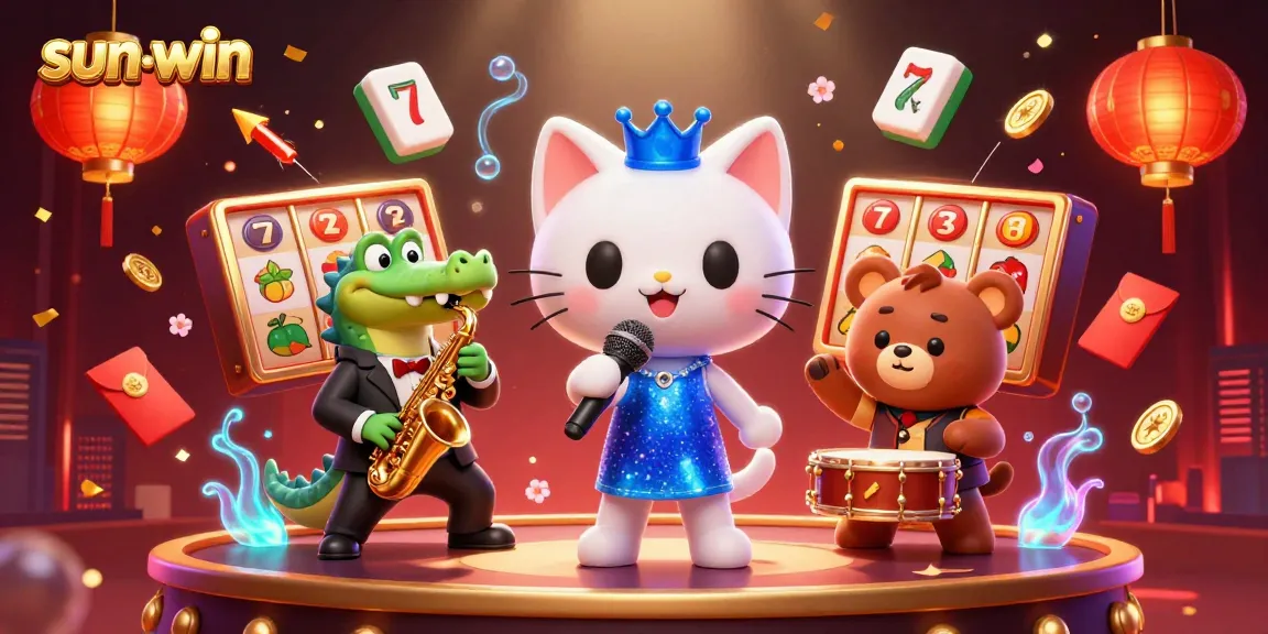 Experience the fun at sun-win with a lively casino scene featuring a jazz-singer cat, crocodile, and bear cub.
