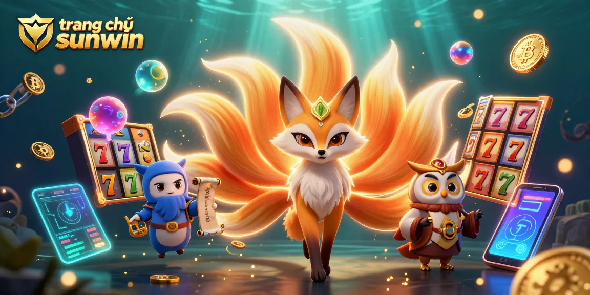 Engage with the vibrant scene of trang chủ sunwin featuring a nine-tailed fox and wise owl amid dynamic casino elements.