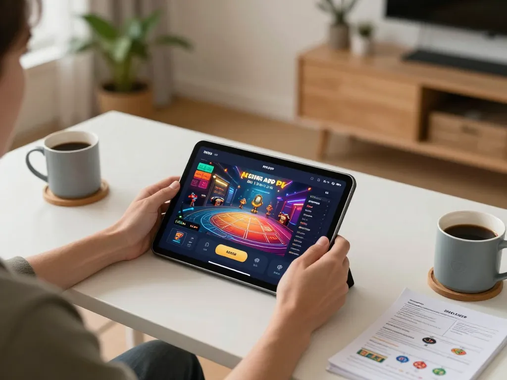 Using the RR88 App on a tablet for online casino gaming at home with cozy decor.
