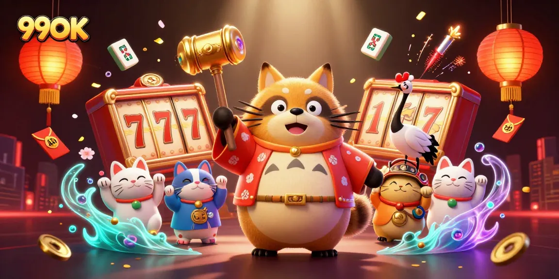 Win big with 99OK in an ultra-detailed casino scene featuring a cheerful tanuki and lucky symbols.