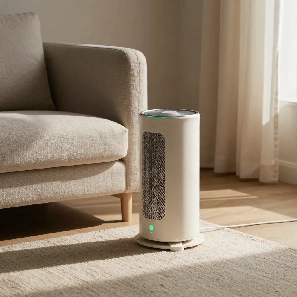 Compact ceramic heater warming a small living room, curtain hem lifting beside a sofa and rug.