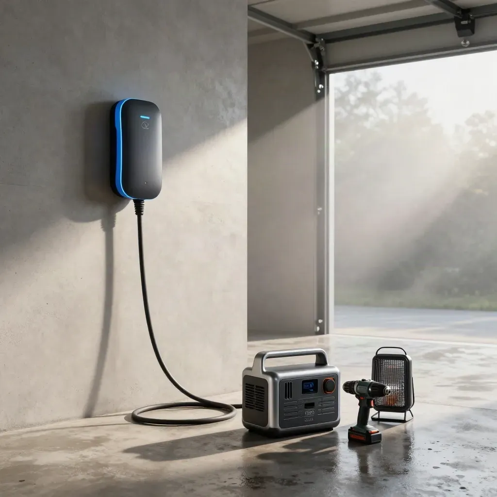 EV charger in a rain-damp garage with cable, power station, drill and heater in morning light