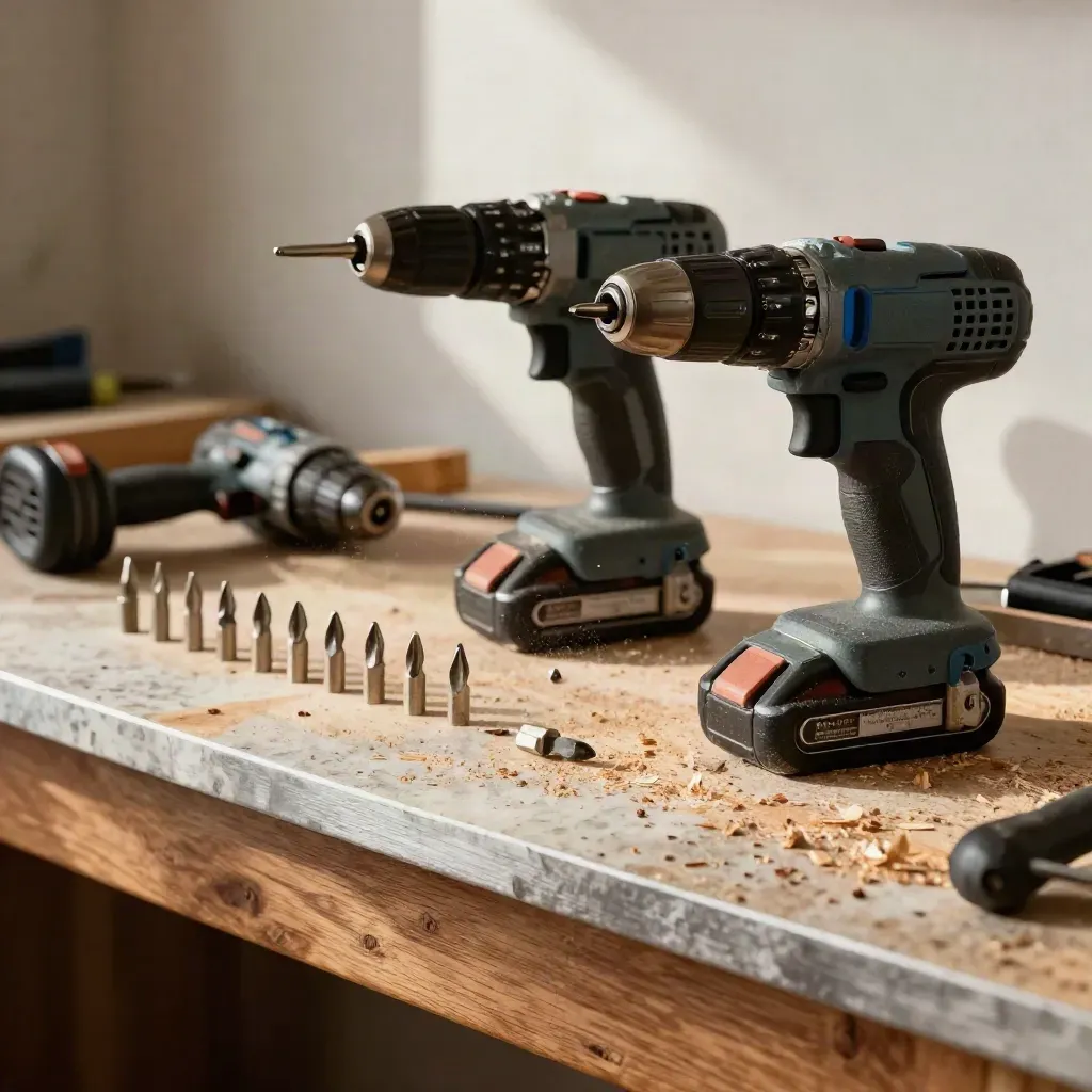 Cordless drills, batteries and bits on a sunlit workshop bench with wood shavings.
