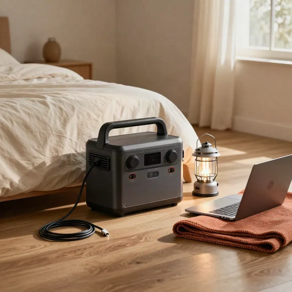 Portable power station glowing beside cables, lantern, and closed laptop on a bed