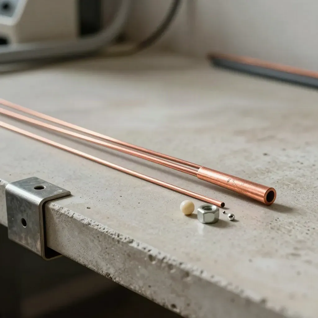 Copper wires and wire nuts beside a junction box on a workbench, shot low and side-on.