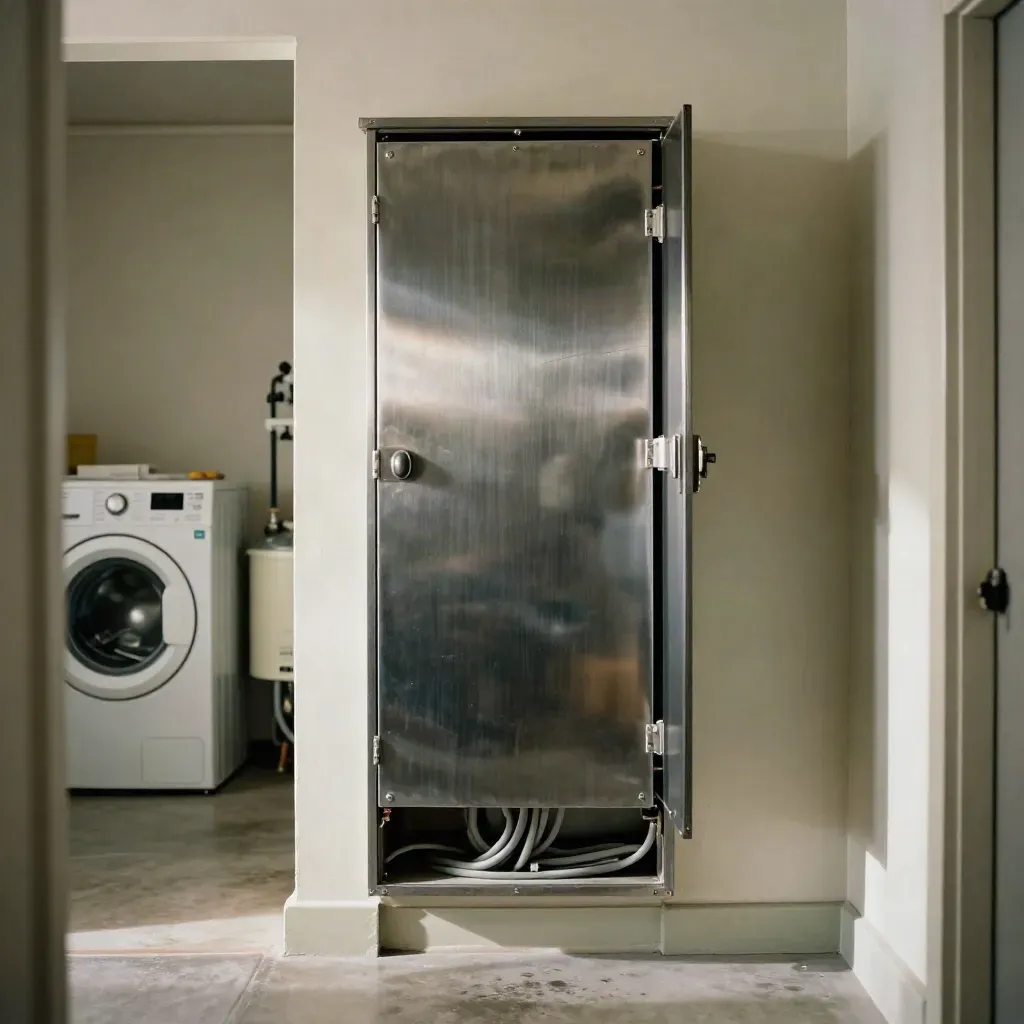 Open breaker panel in a laundry room beside dryer, water heater, and conduit
