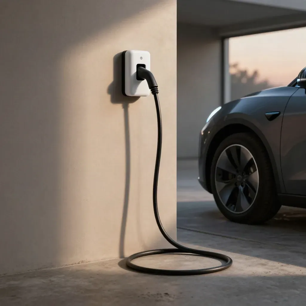 EV charger and cable beside a parked car in a dusk garage with soft mist and window light.
