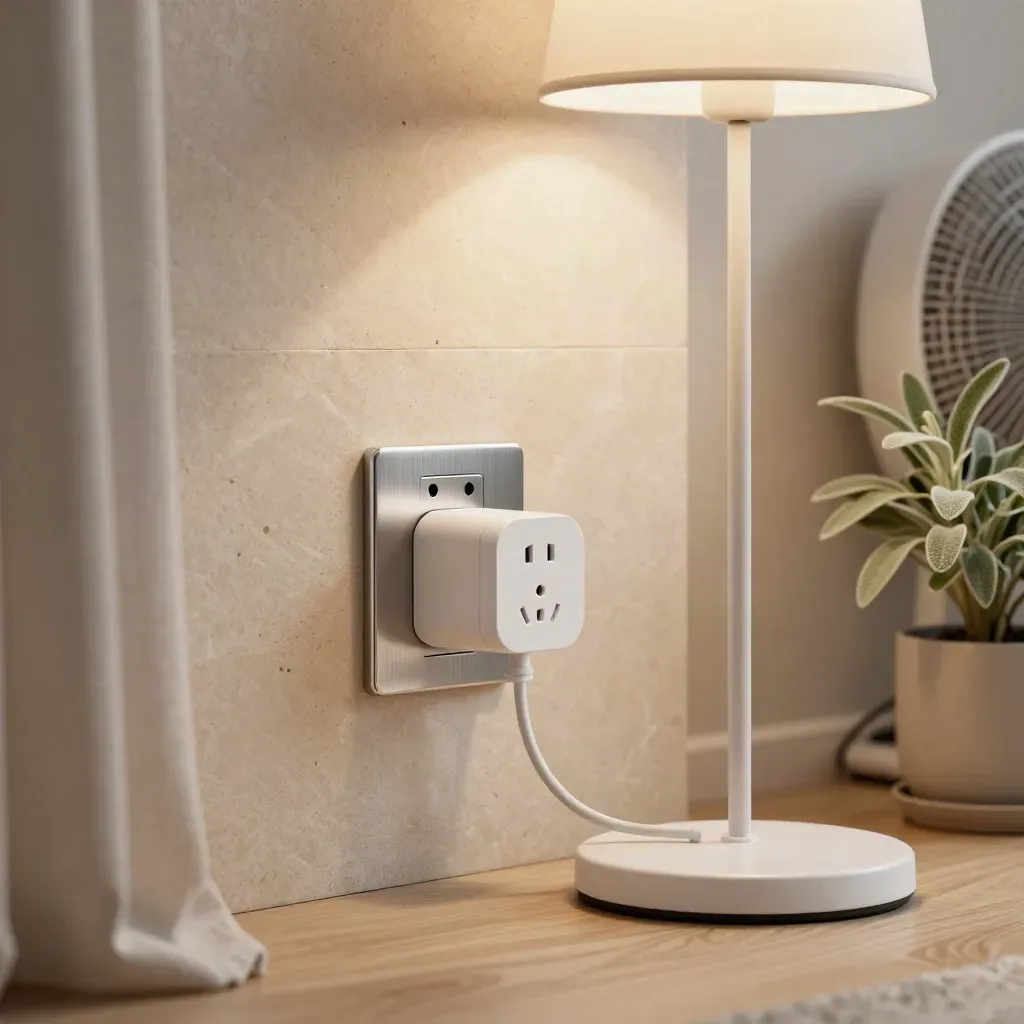 Smart plug in outlet beside lamp, fan, and plant in a warm living room corner