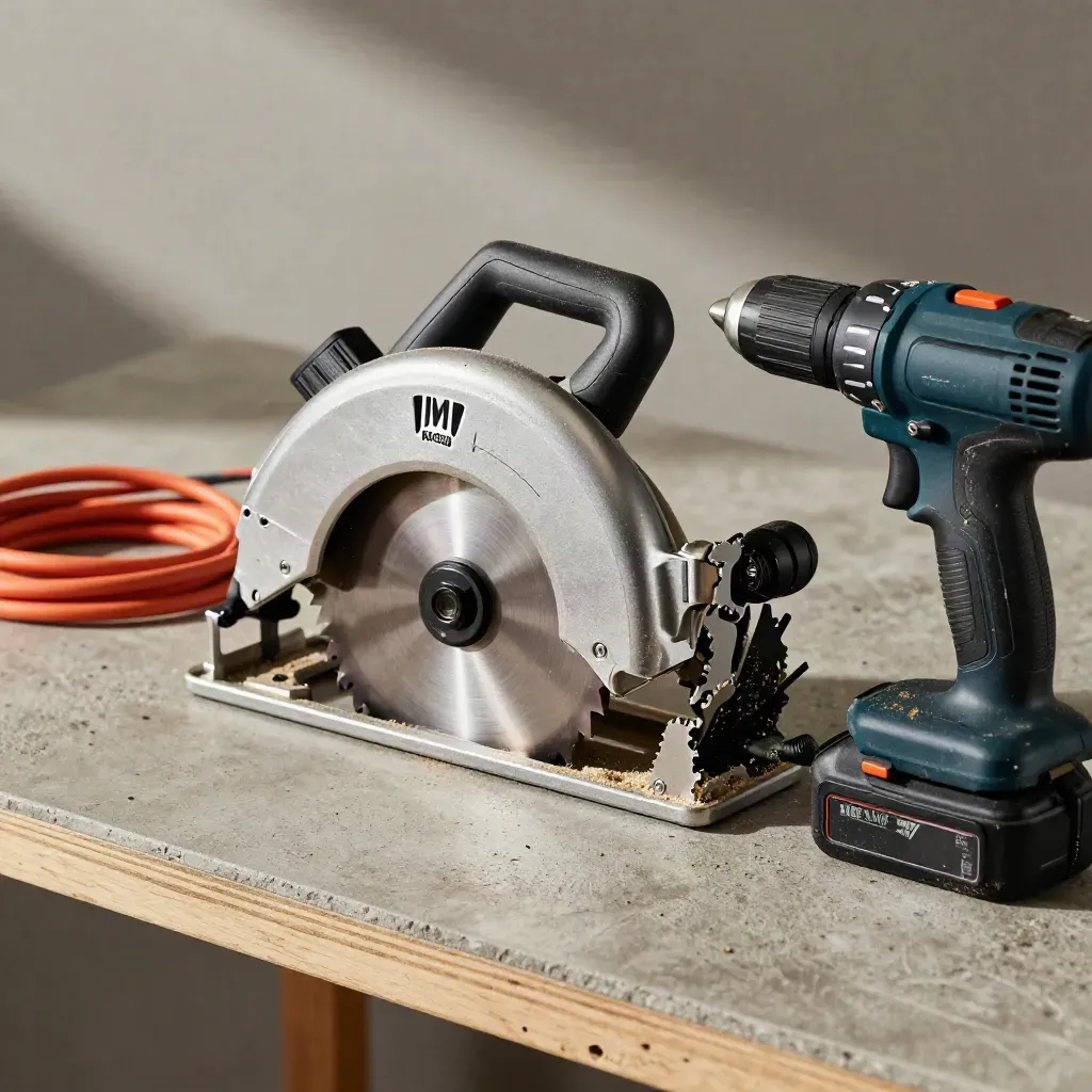 Corded circular saw, cordless drill, extension cord and spare battery on a sawdusty workbench.