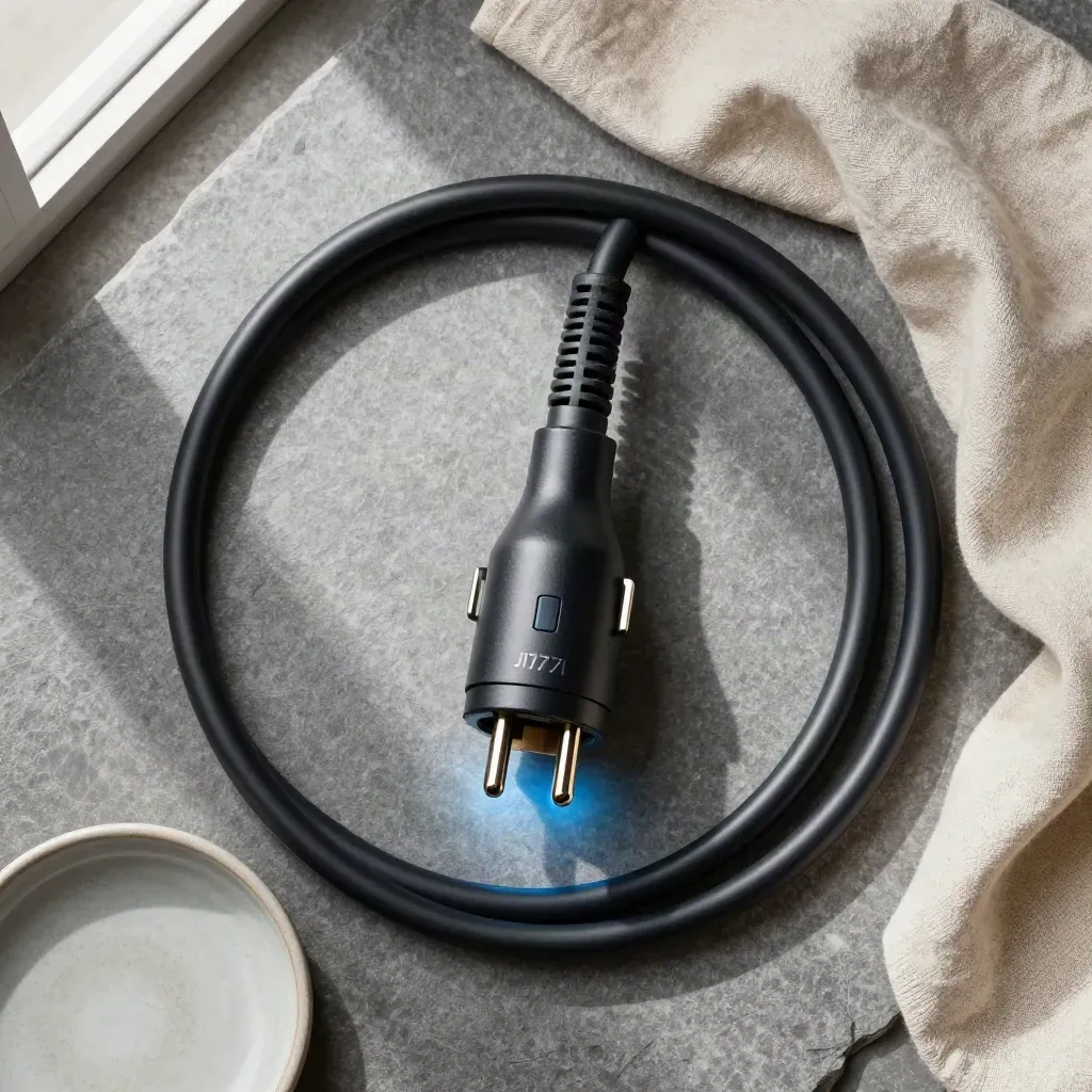Overhead flatlay of a J1772 EV charging connector with coiled cable, linen cloth, and ceramic dish.