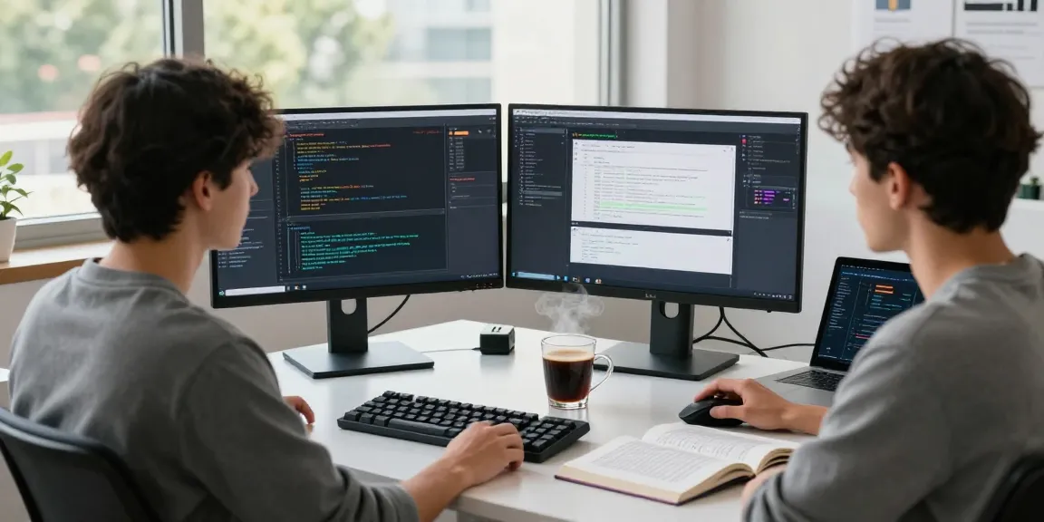 Developer coding on dual monitors with 纸飞机中文版 app designs visible, vibrant tech workspace.