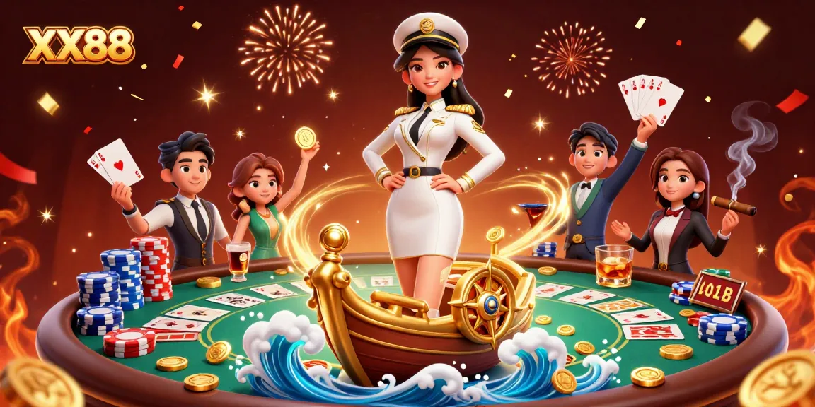 Win big at XX88 with dynamic poker action on a golden ship surrounded by vibrant casino elements.