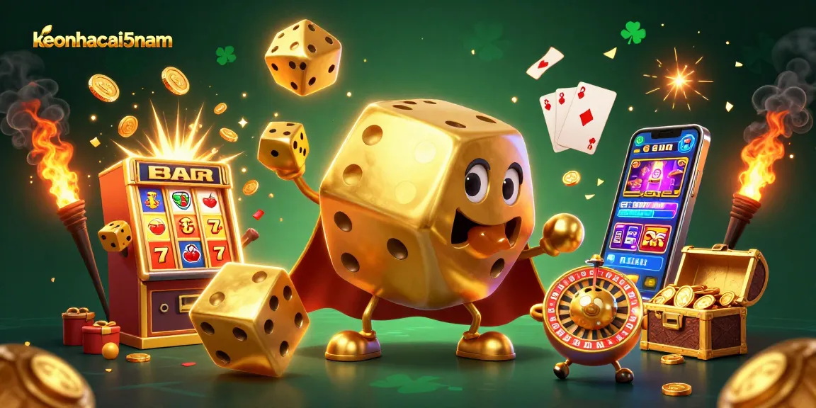 Experience thrilling gameplay with keonhacai5nam in a vibrant casino illustration featuring golden dice and slot machines.