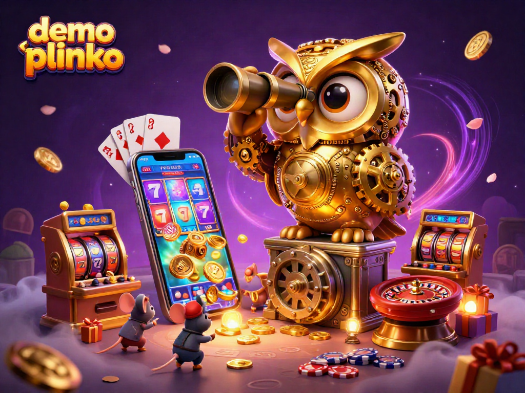 Engage in demo plinko at a lavish casino with lively golden owl and vibrant gaming elements.
