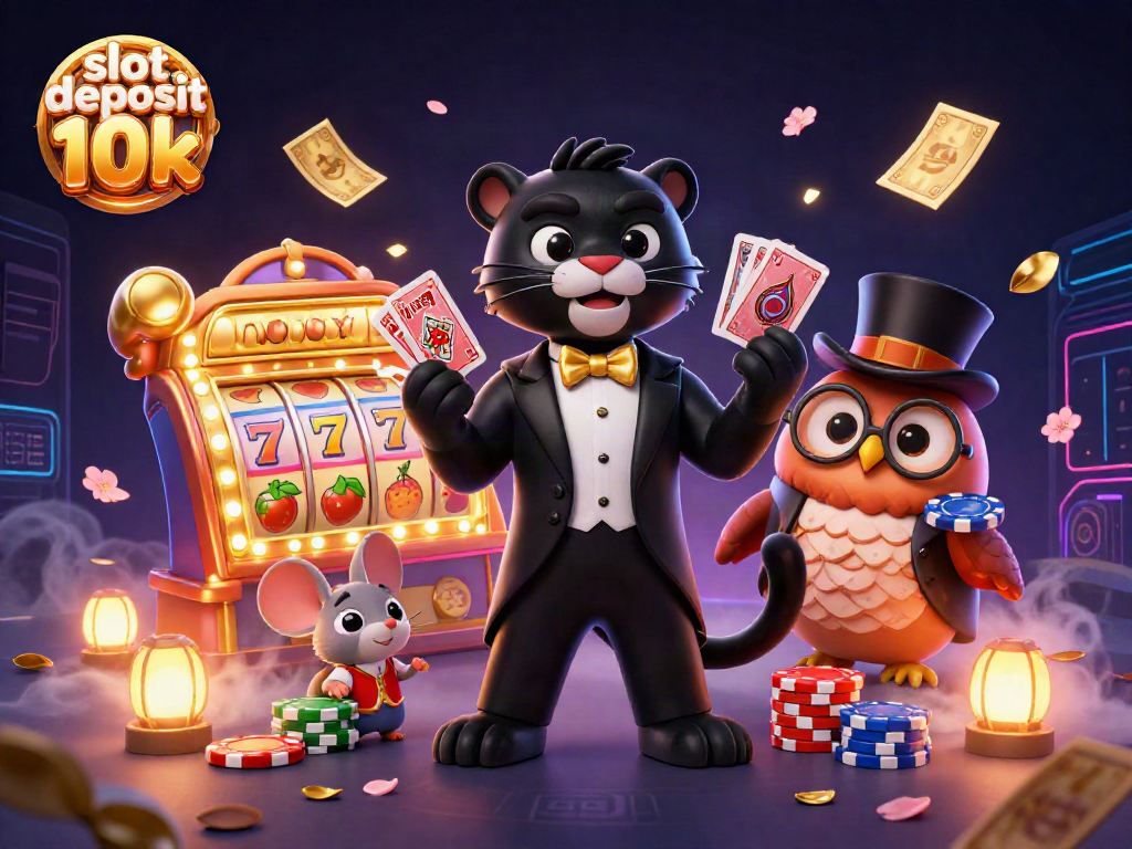 Engage with the exciting world of slot deposit 10k featuring a stylish panther dealing cards in a vibrant casino scene.
