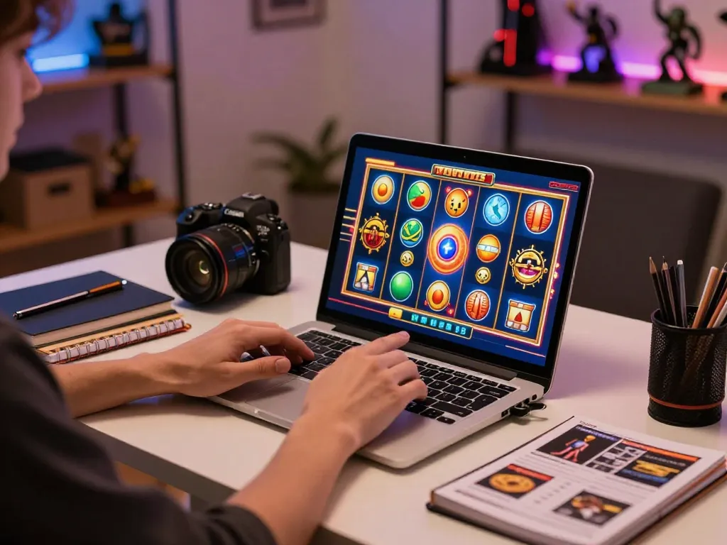 Engaging in a slot bonus with online gaming on a laptop, showcasing strategies and excitement in a cozy atmosphere